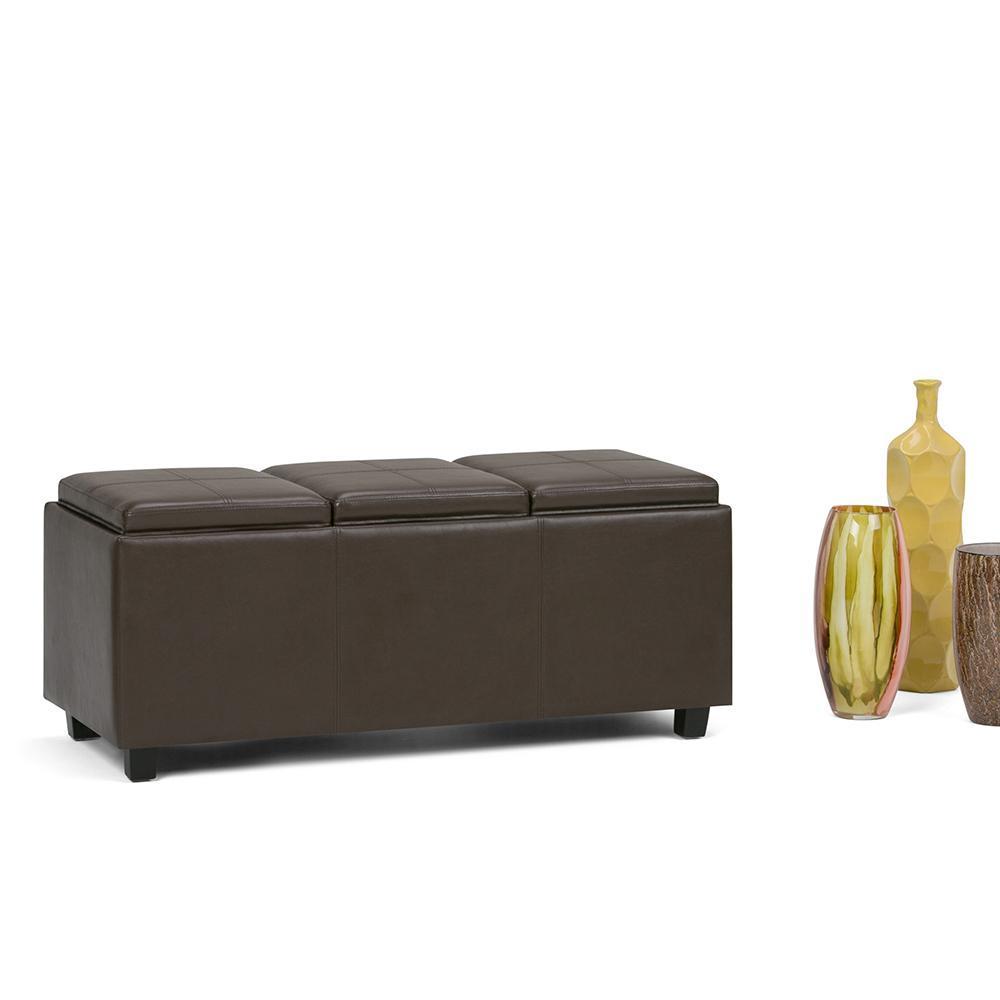 Chocolate Brown Vegan Leather | Avalon Linen Look Storage Ottoman with Three Trays