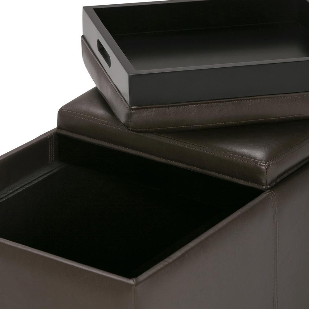 Chocolate Brown Vegan Leather | Avalon Linen Look Storage Ottoman with Three Trays