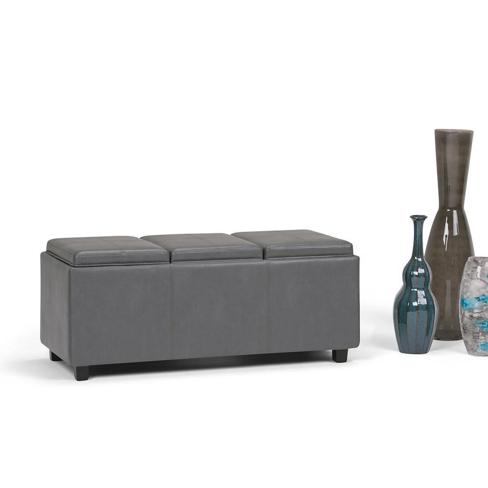 Stone Grey Vegan Leather | Avalon Linen Look Storage Ottoman with Three Trays