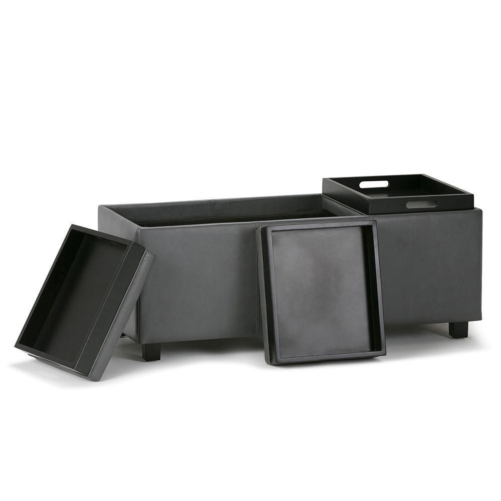 Stone Grey Vegan Leather | Avalon Linen Look Storage Ottoman with Three Trays