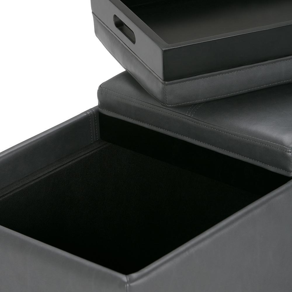 Stone Grey Vegan Leather | Avalon Linen Look Storage Ottoman with Three Trays