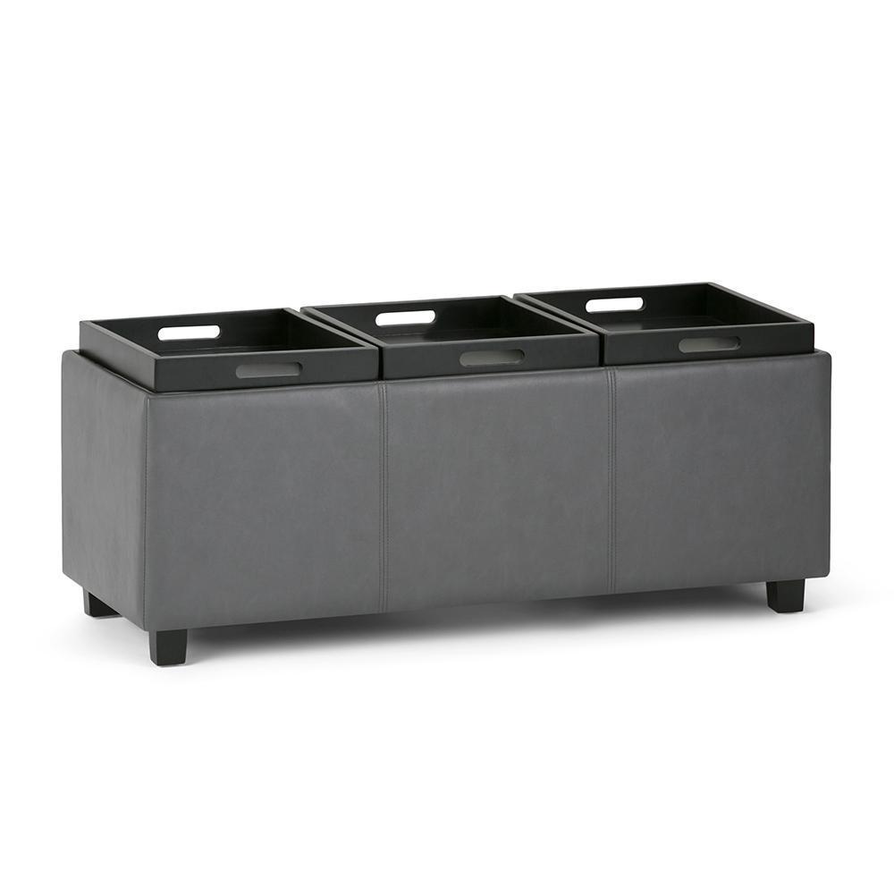 Stone Grey Vegan Leather | Avalon Linen Look Storage Ottoman with Three Trays