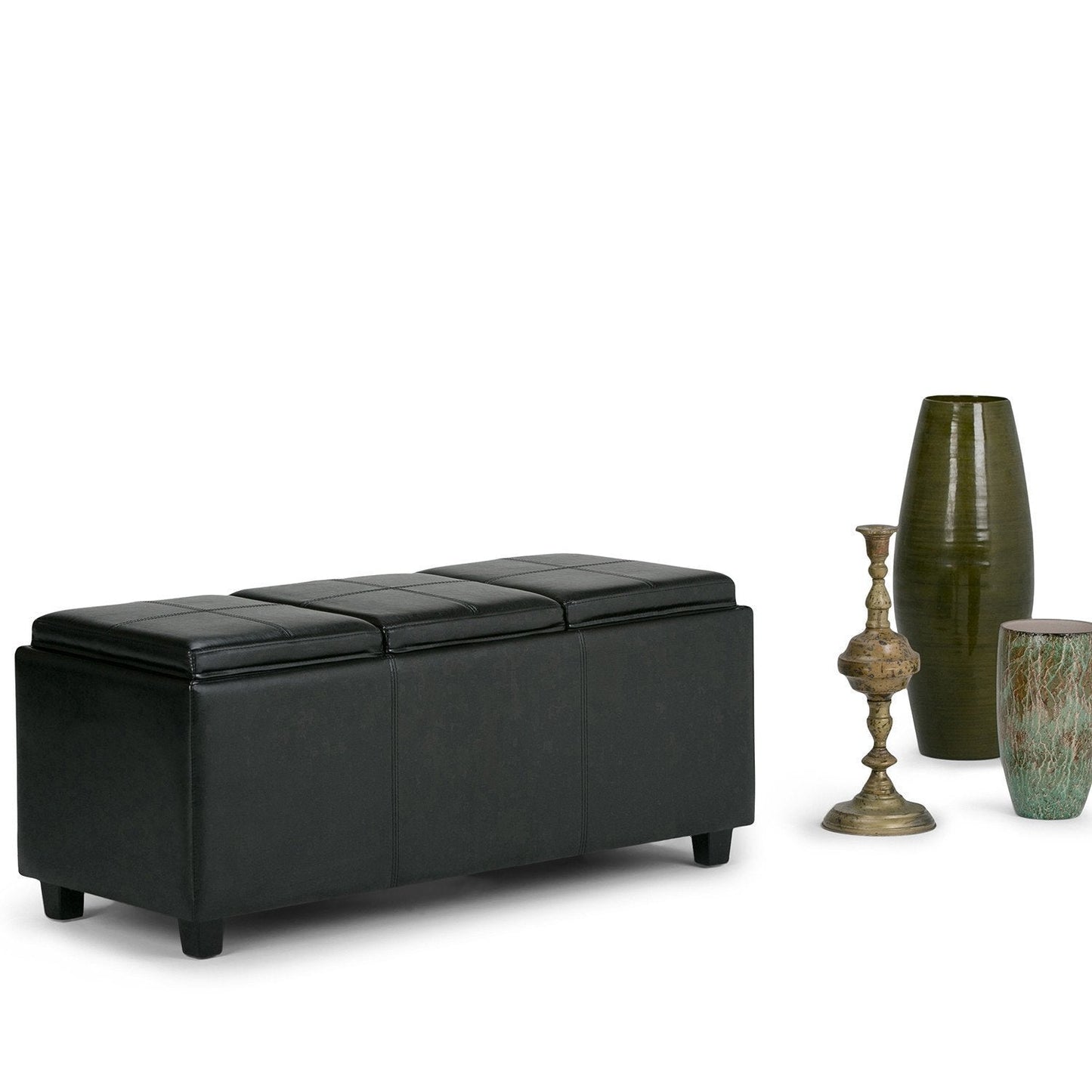 Black Vegan Leather | Avalon Linen Look Storage Ottoman with Three Trays
