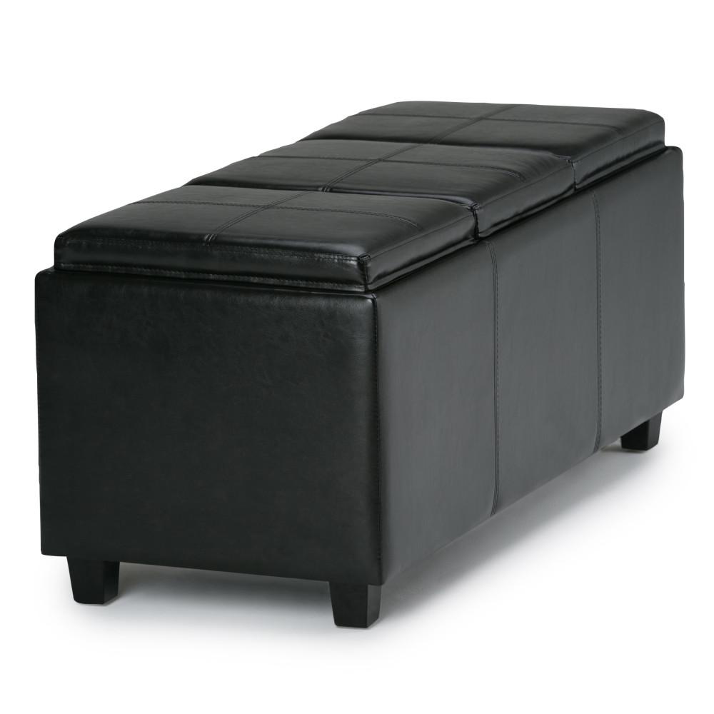 Black Vegan Leather | Avalon Linen Look Storage Ottoman with Three Trays