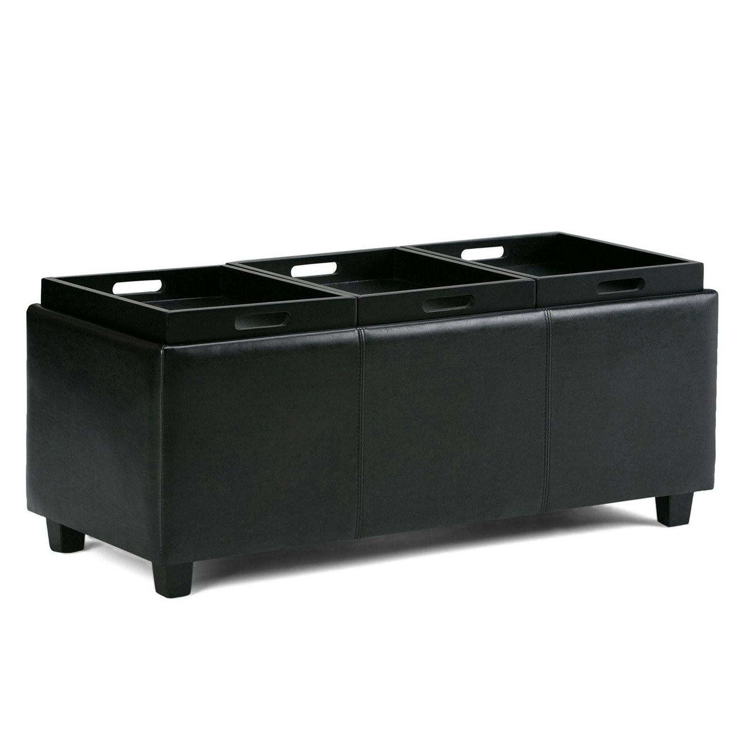 Black Vegan Leather | Avalon Linen Look Storage Ottoman with Three Trays