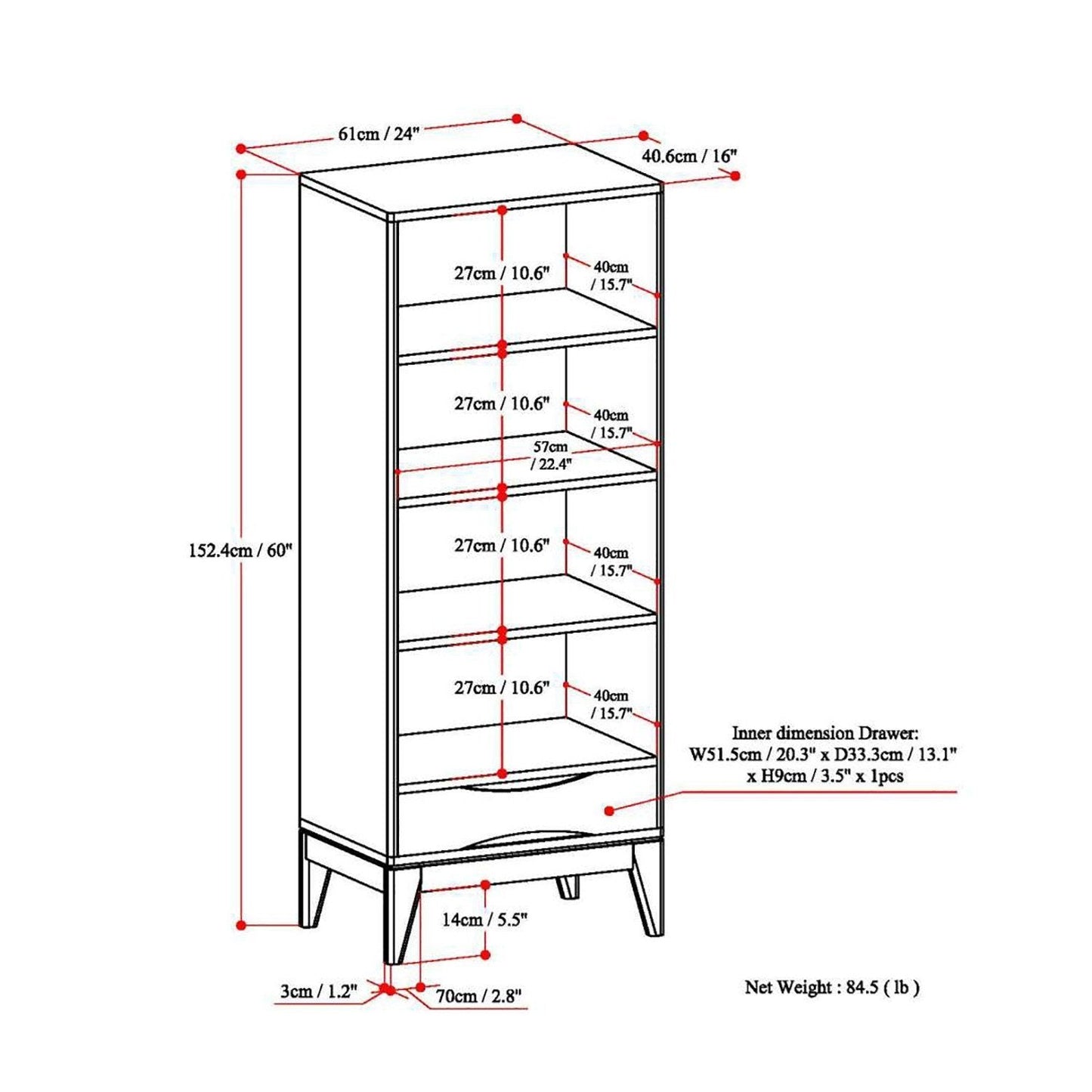 Walnut Brown | Harper 60 x 24 inch Bookcase with Storage