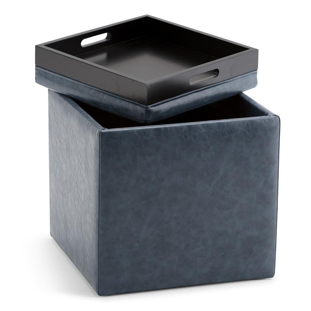 Denim Blue Vegan Leather | Rockwood Vegan Leather Cube Storage Ottoman with Tray