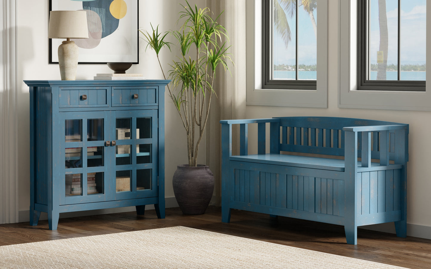 Distressed Coastal Blue | Acadian 48-inch Storage Bench and 36-inch Cabinet