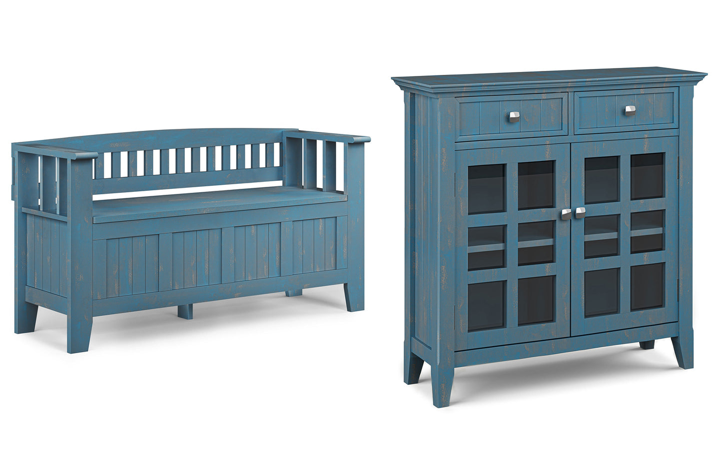 Distressed Coastal Blue | Acadian 48-inch Storage Bench and 36-inch Cabinet
