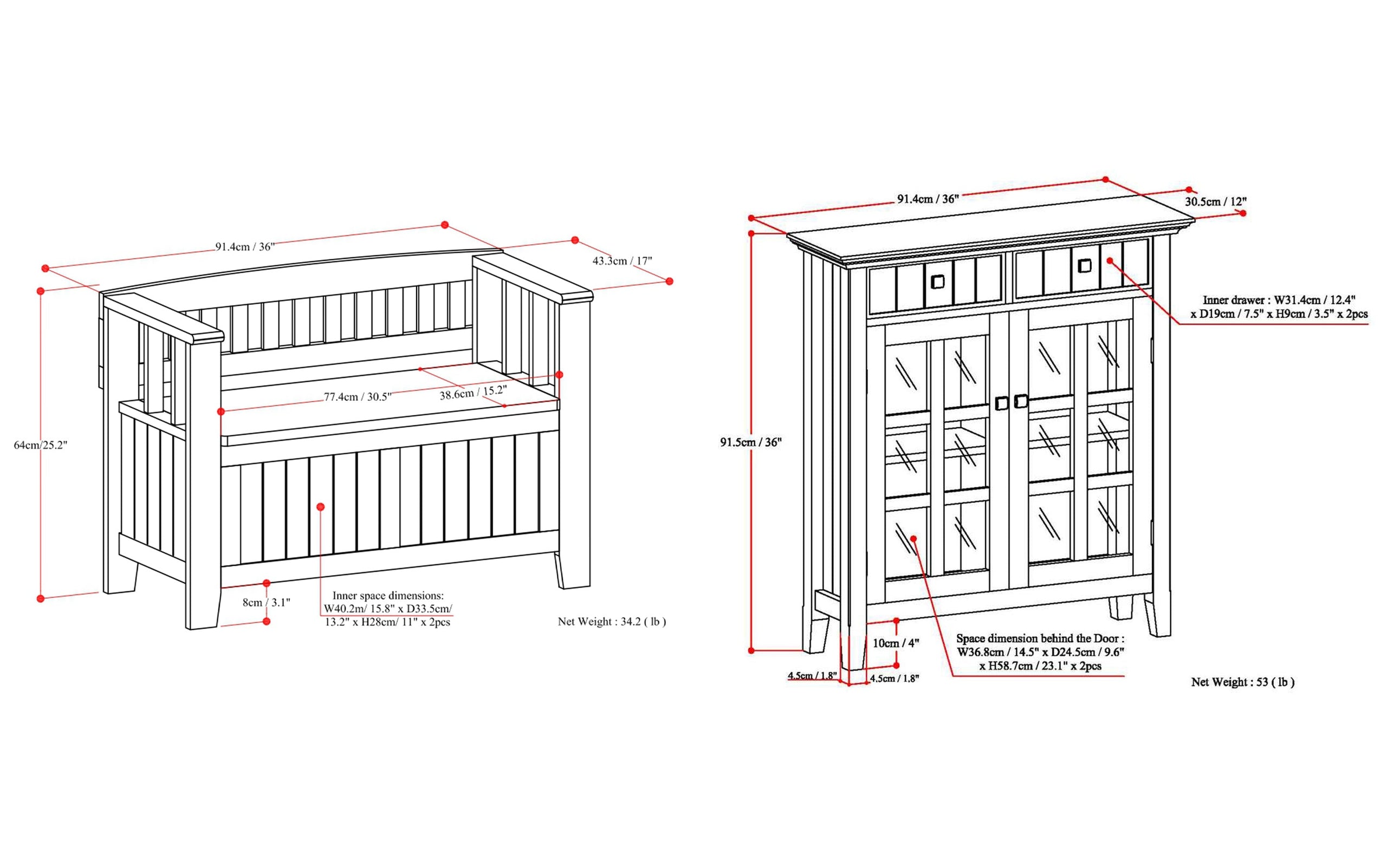 Brunette Brown | Acadian 36-inch Storage Bench and 36-inch Cabinet