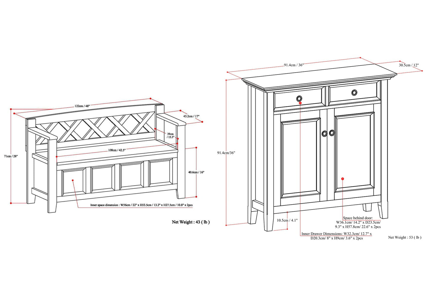 Hickory Brown | Amherst 48-inch Storage Bench and 36-inch Cabinet