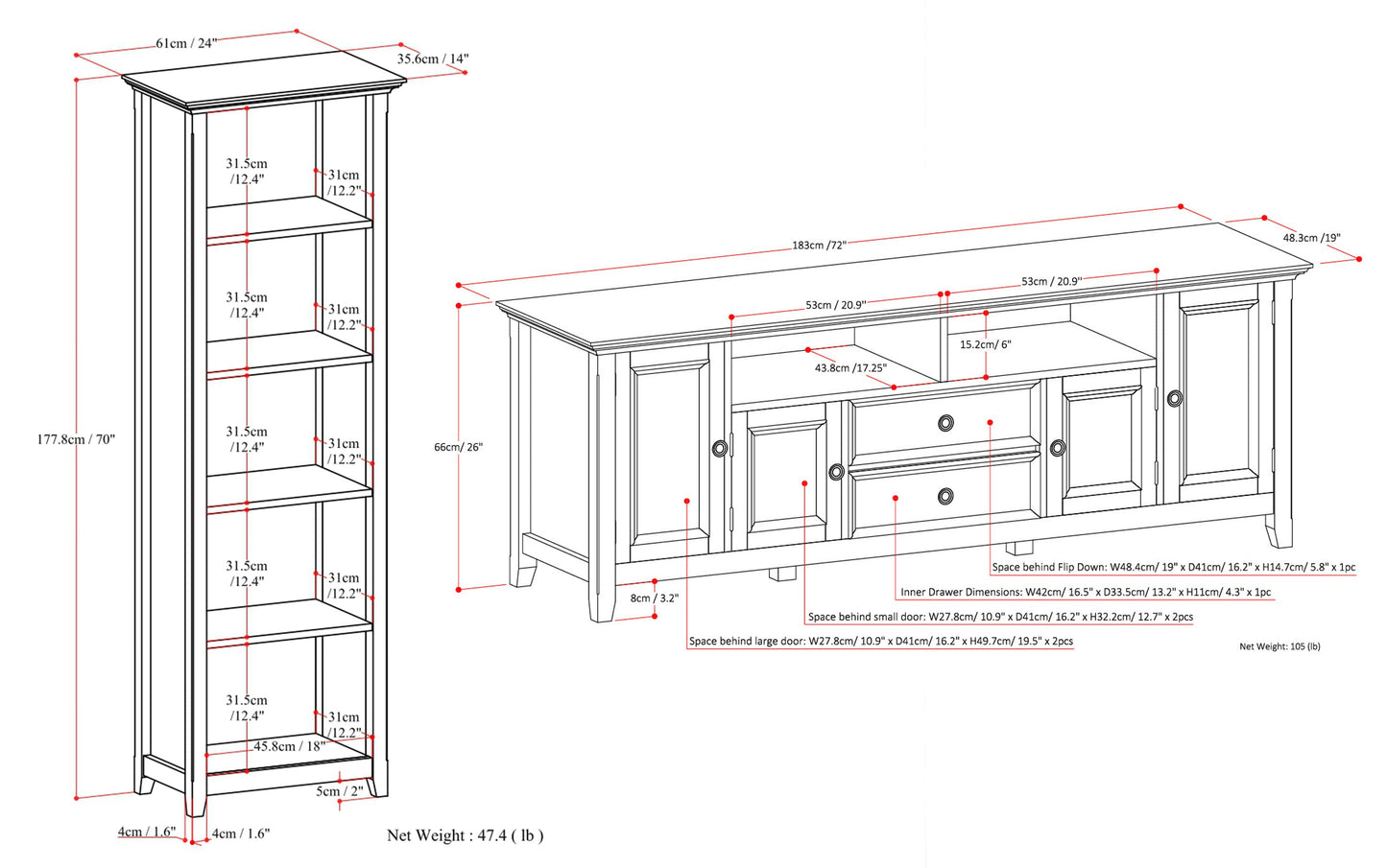 White | Amherst 72 inch TV Stand with 24 inch 5 Shelf Bookcases (Set of 3)