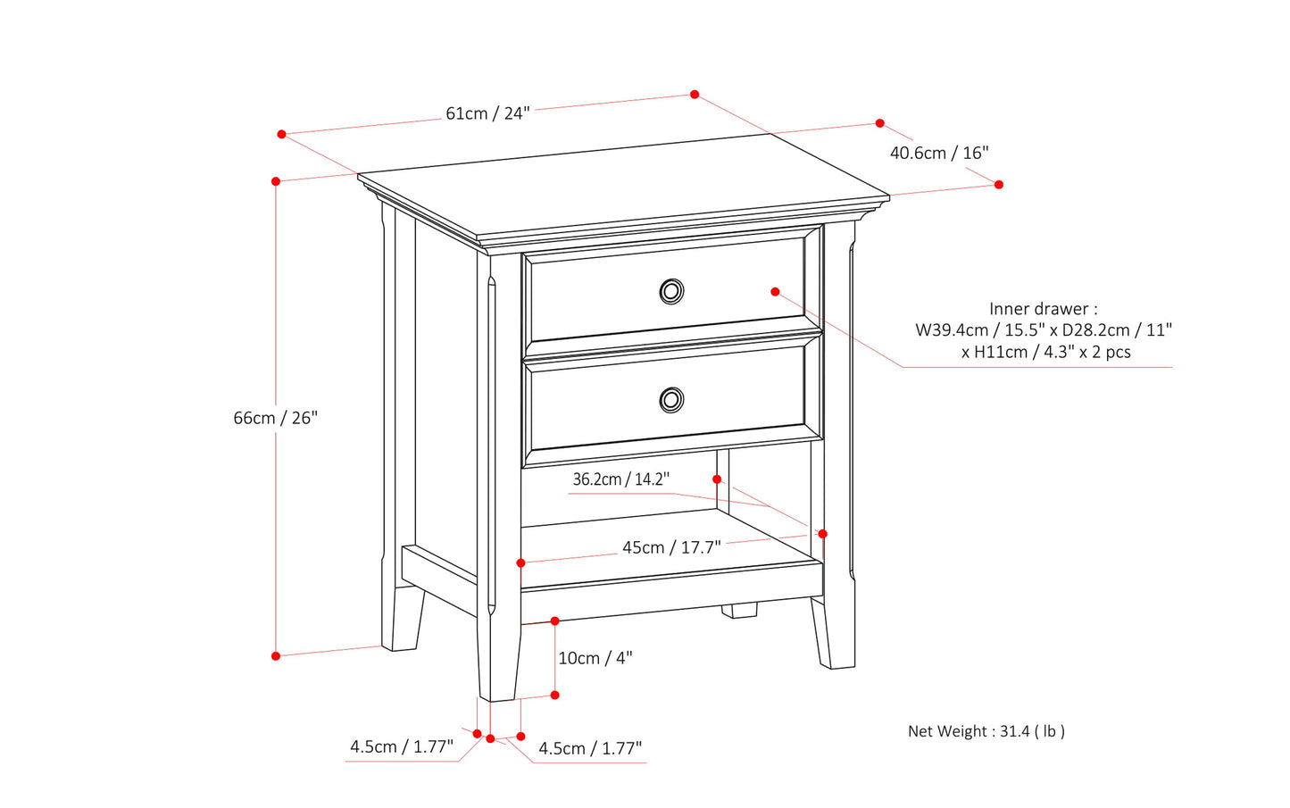 Black | Amherst 24 inch Bedside Table (Set of 2)