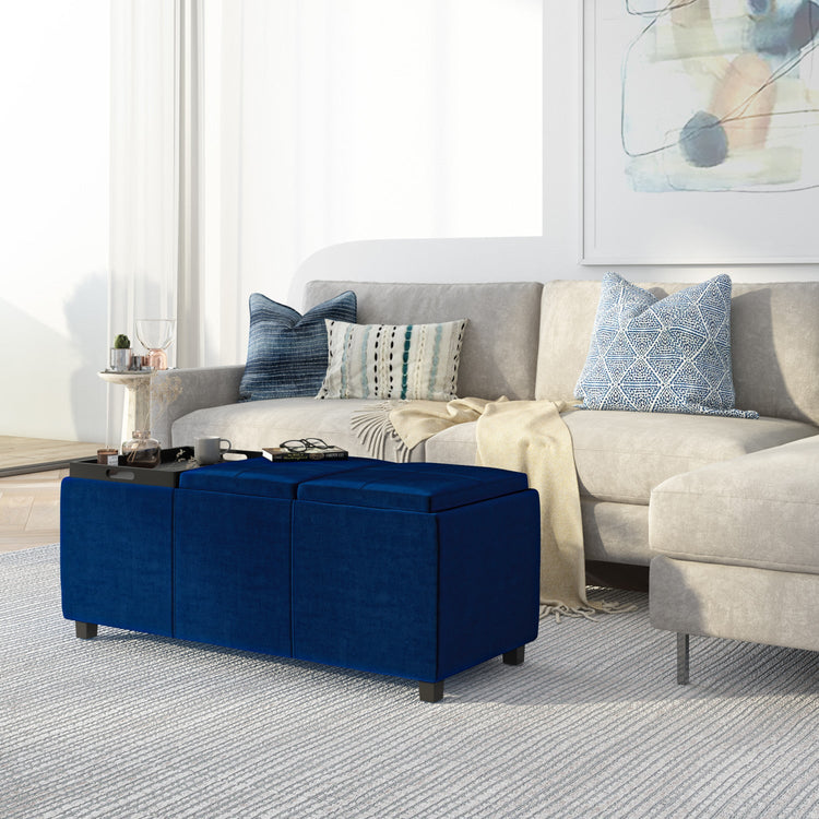 Blue Velvet Fabric | Vegan Leather | Avalon Vegan Leather Storage Ottoman with Three Trays