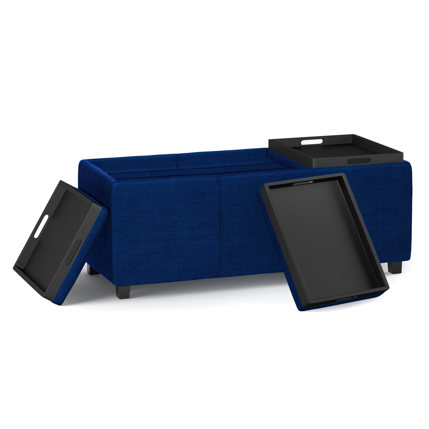 Blue Velvet Fabric | Vegan Leather | Avalon Vegan Leather Storage Ottoman with Three Trays