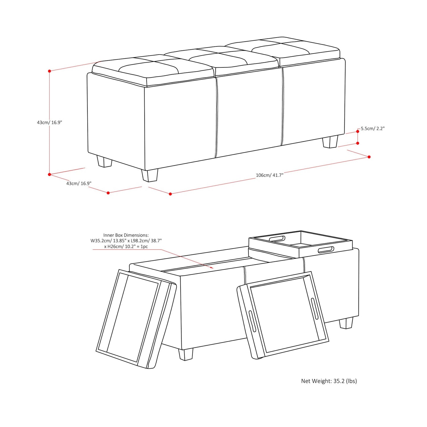 Blue Velvet Fabric | Vegan Leather | Avalon Vegan Leather Storage Ottoman with Three Trays