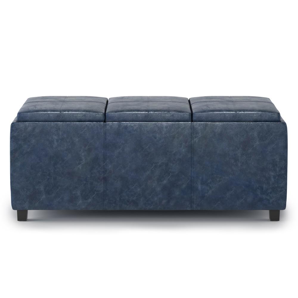 Denim Blue Vegan Leather | Avalon Linen Look Storage Ottoman with Three Trays