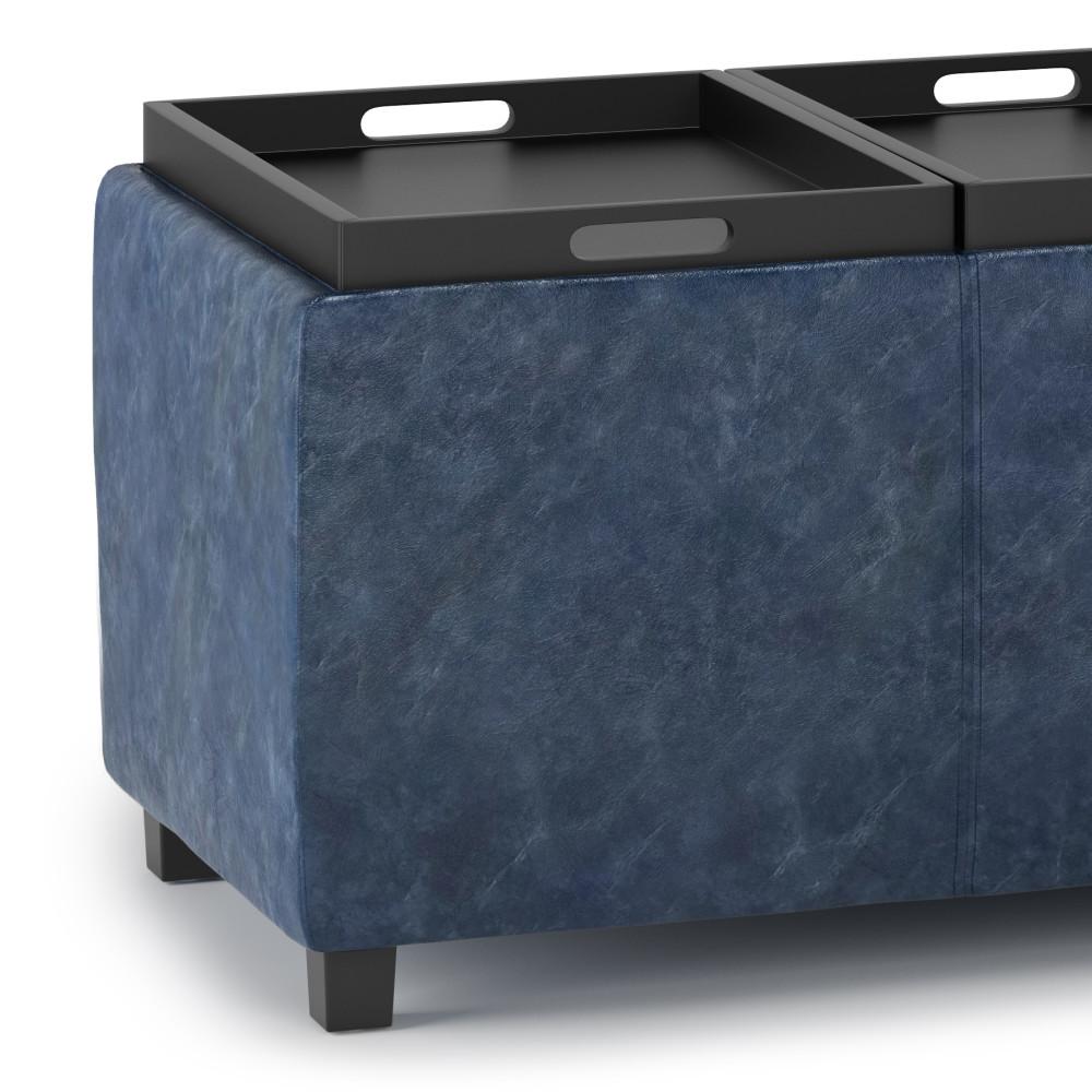 Denim Blue Vegan Leather | Avalon Linen Look Storage Ottoman with Three Trays