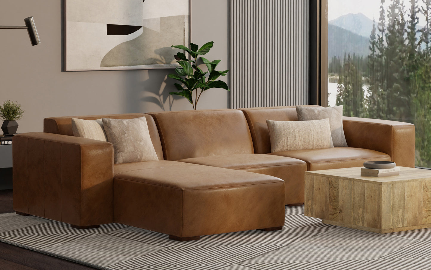 Caramel Brown Genuine Leather | Rex 2 Seater Sofa and Left Chaise in Genuine Leather