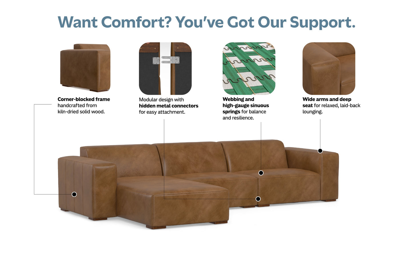 Caramel Brown Genuine Leather | Rex 2 Seater Sofa and Left Chaise in Genuine Leather