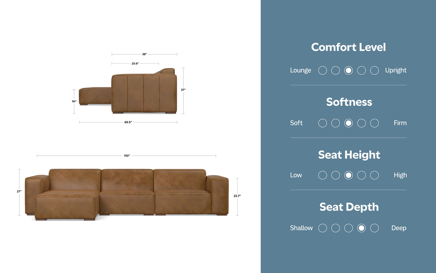 Caramel Brown Genuine Leather | Rex 2 Seater Sofa and Left Chaise in Genuine Leather