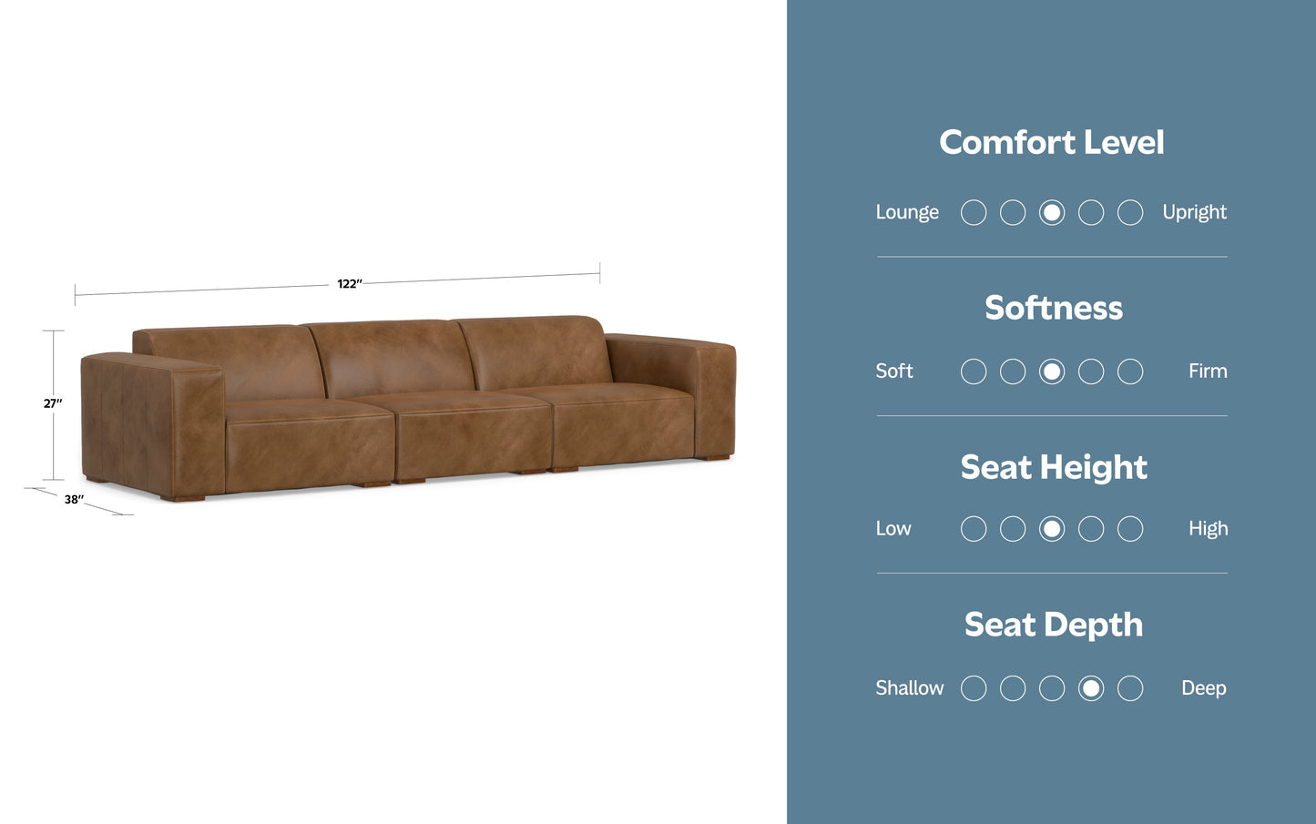 Caramel Brown Genuine Leather | Rex 3 Seater Sofa in Genuine Leather