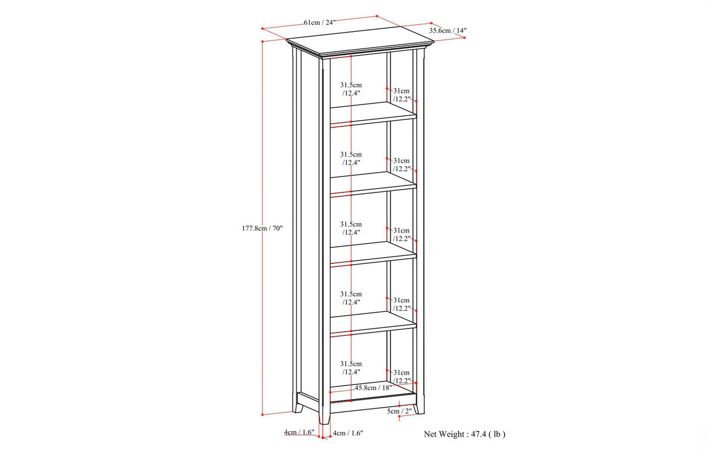 Amherst 24 inch 5 Shelf Bookcase