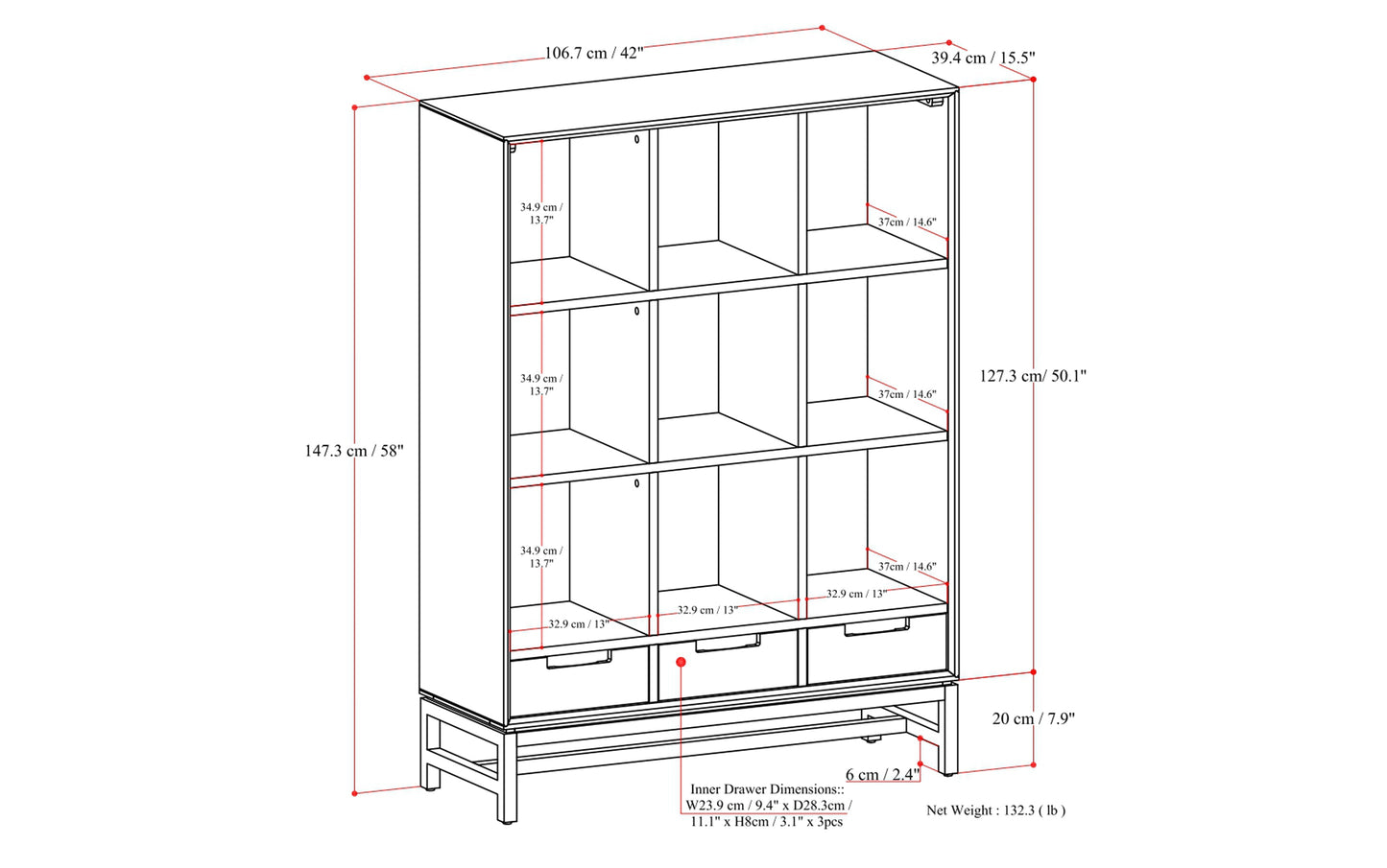 Walnut Brown | Banting 9 Cube Bookcase with Drawers