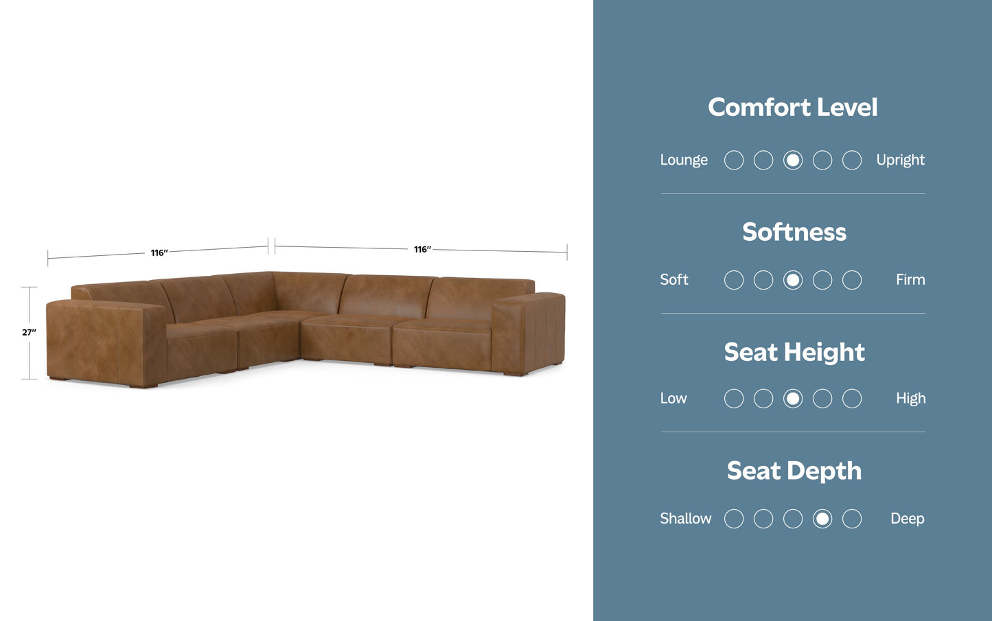 Caramel Brown Genuine Leather | Rex Corner Sectional in Genuine Leather