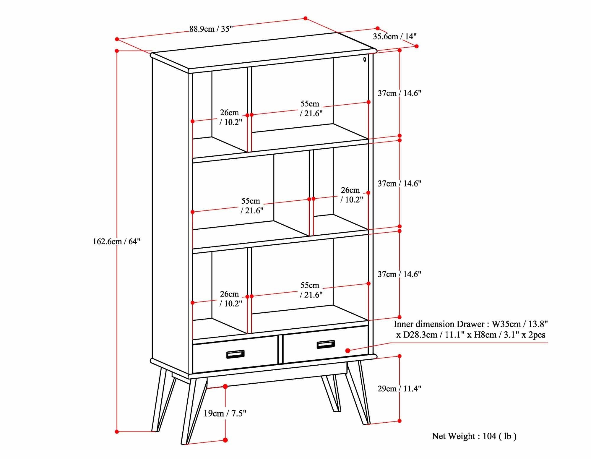 White | Draper Mid Century 64 x 35 inch Wide Bookcase with Storage