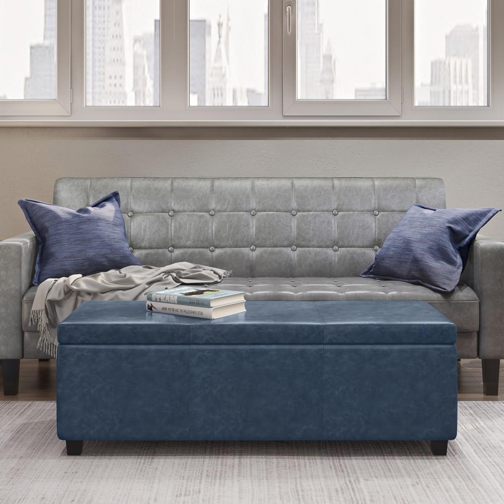 Denim Blue Distressed Vegan Leather | Avalon Large Storage Ottoman Bench