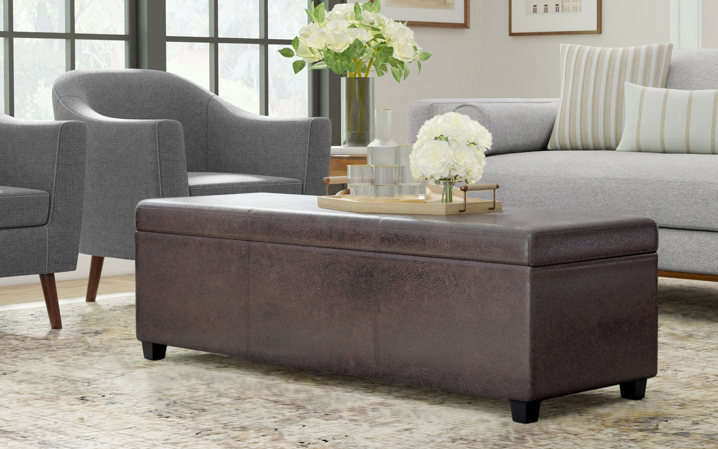 Distressed Brown Distressed Vegan Leather | Avalon Extra Large Storage Ottoman in Distressed Vegan Leather
