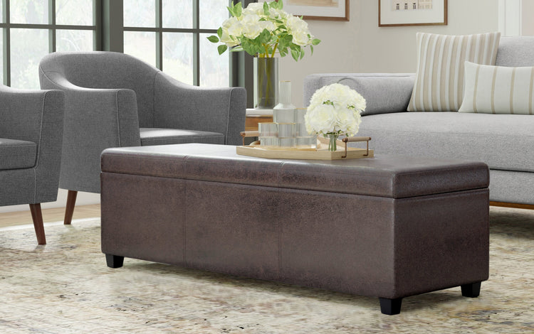 Distressed Brown Distressed Vegan Leather | Avalon Extra Large Storage Ottoman in Distressed Vegan Leather
