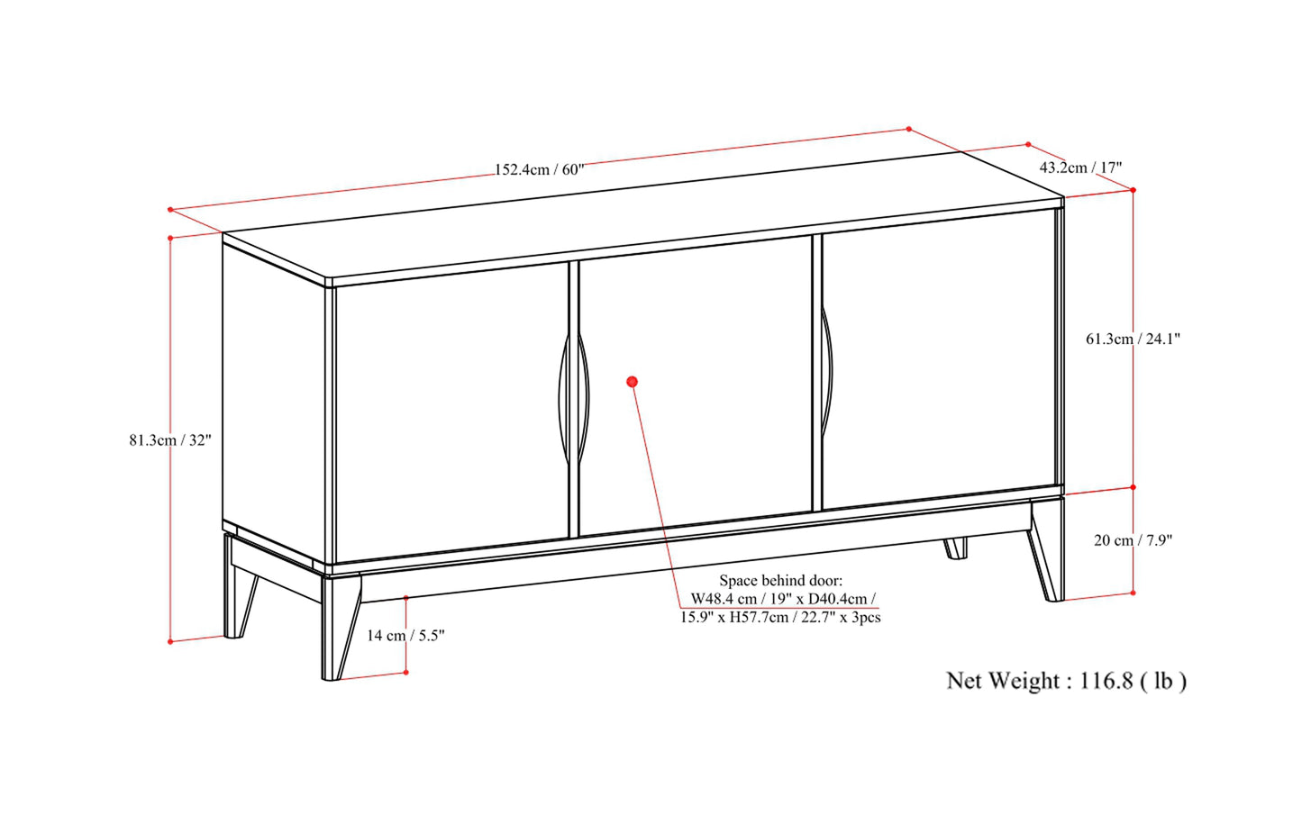 Walnut Brown | Harper 3 Door Sideboard Buffet / Storage Cabinet