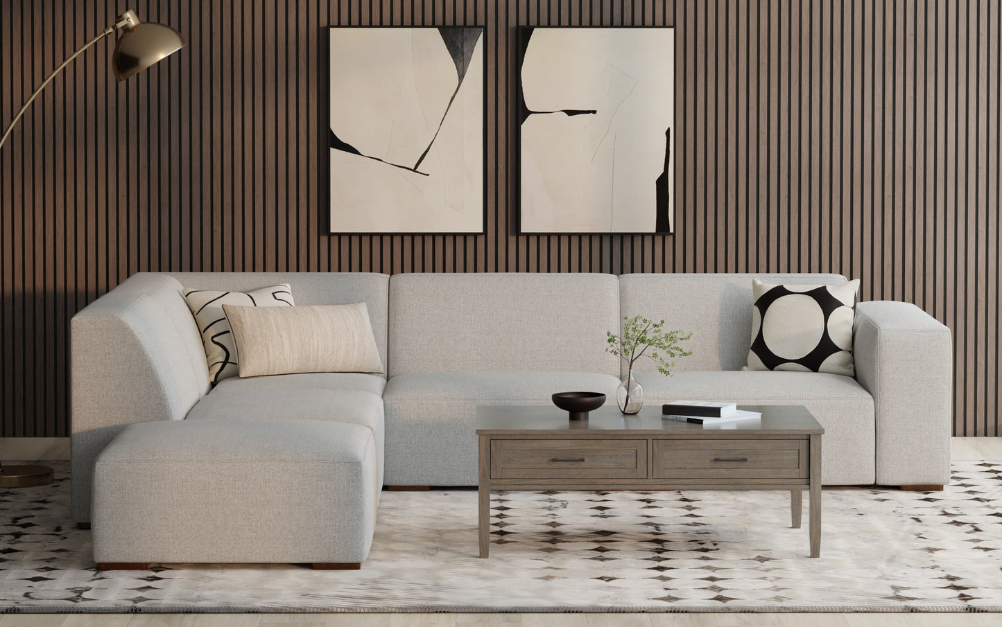 Pale Grey Performance Fabric | Rex Left Sectional and Ottoman in Genuine Leather