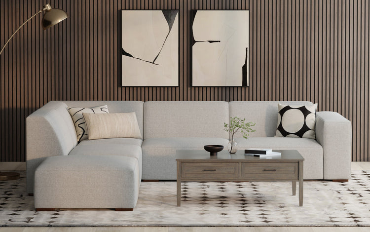 Pale Grey Performance Fabric | Rex Left Sectional and Ottoman in Genuine Leather