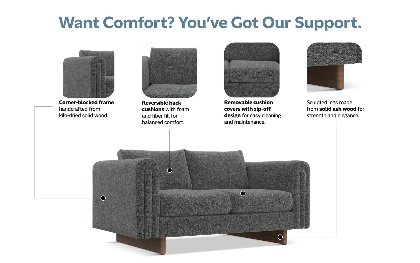 Dark Grey Performance Fabric | Jones 61 inch Loveseat in Performance Fabric