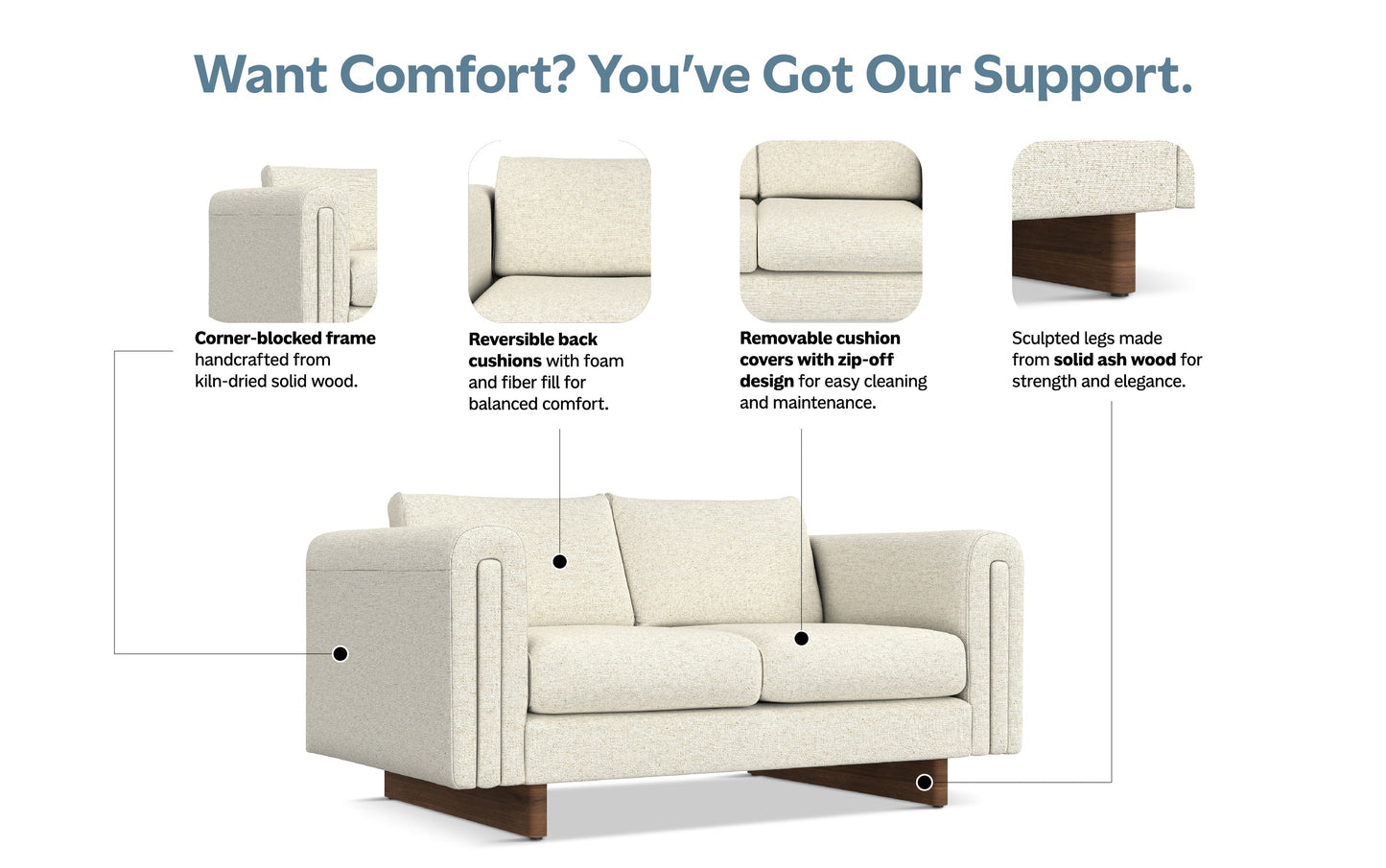 Ivory Performance Fabric | Jones 61 inch Loveseat in Performance Fabric