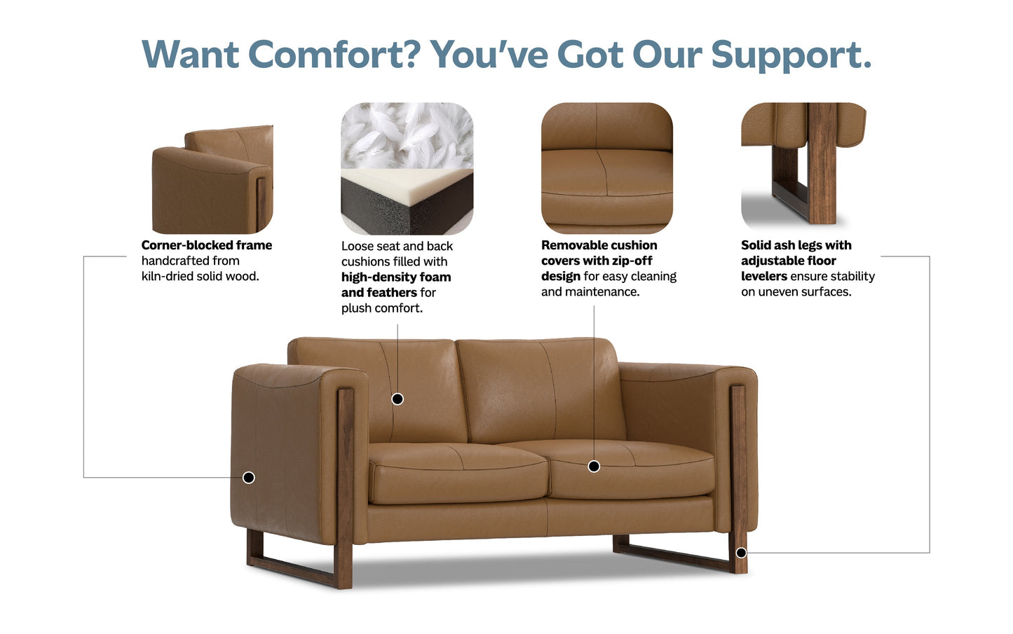 Butternut Brown Genuine Leather | Richard 63 inch Loveseat in Genuine Leather