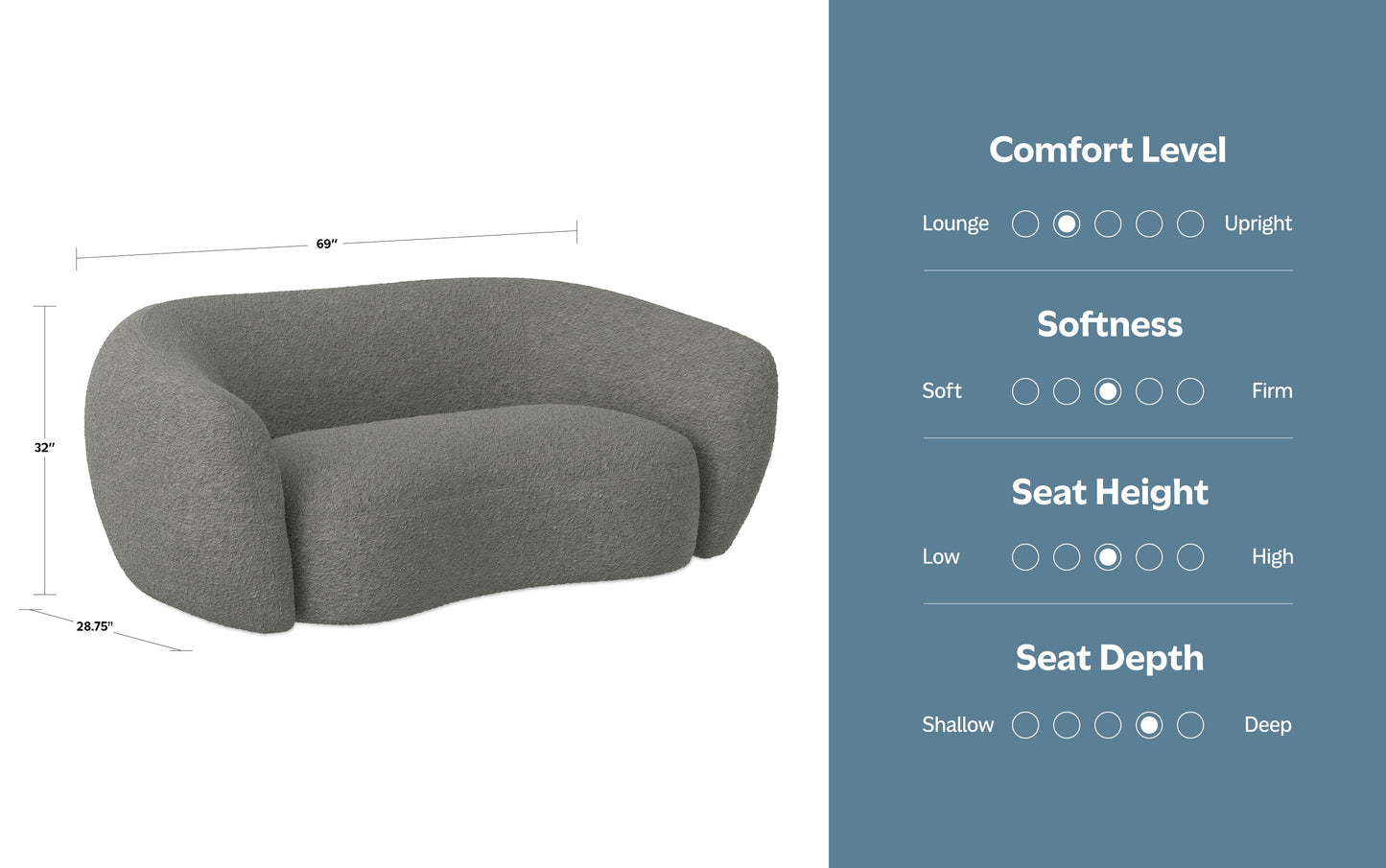 Stone Grey Boucle Performance Fabric | Sherri 69 inch Loveseat in Boucle Performance Fabric