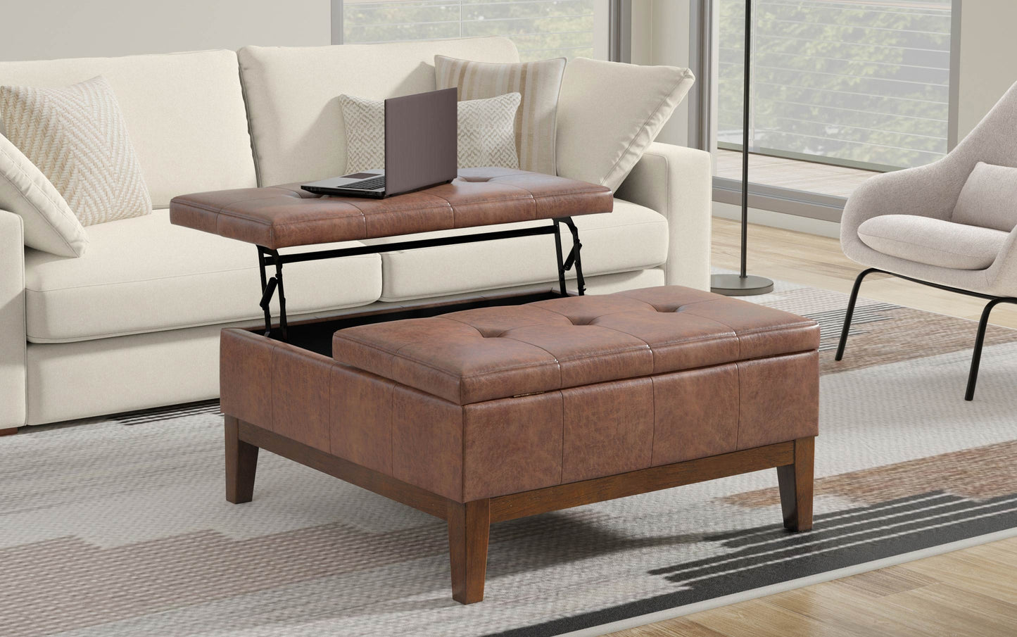 Distressed Saddle Brown Distressed Vegan Leather | Dover Lift Top Coffee Table