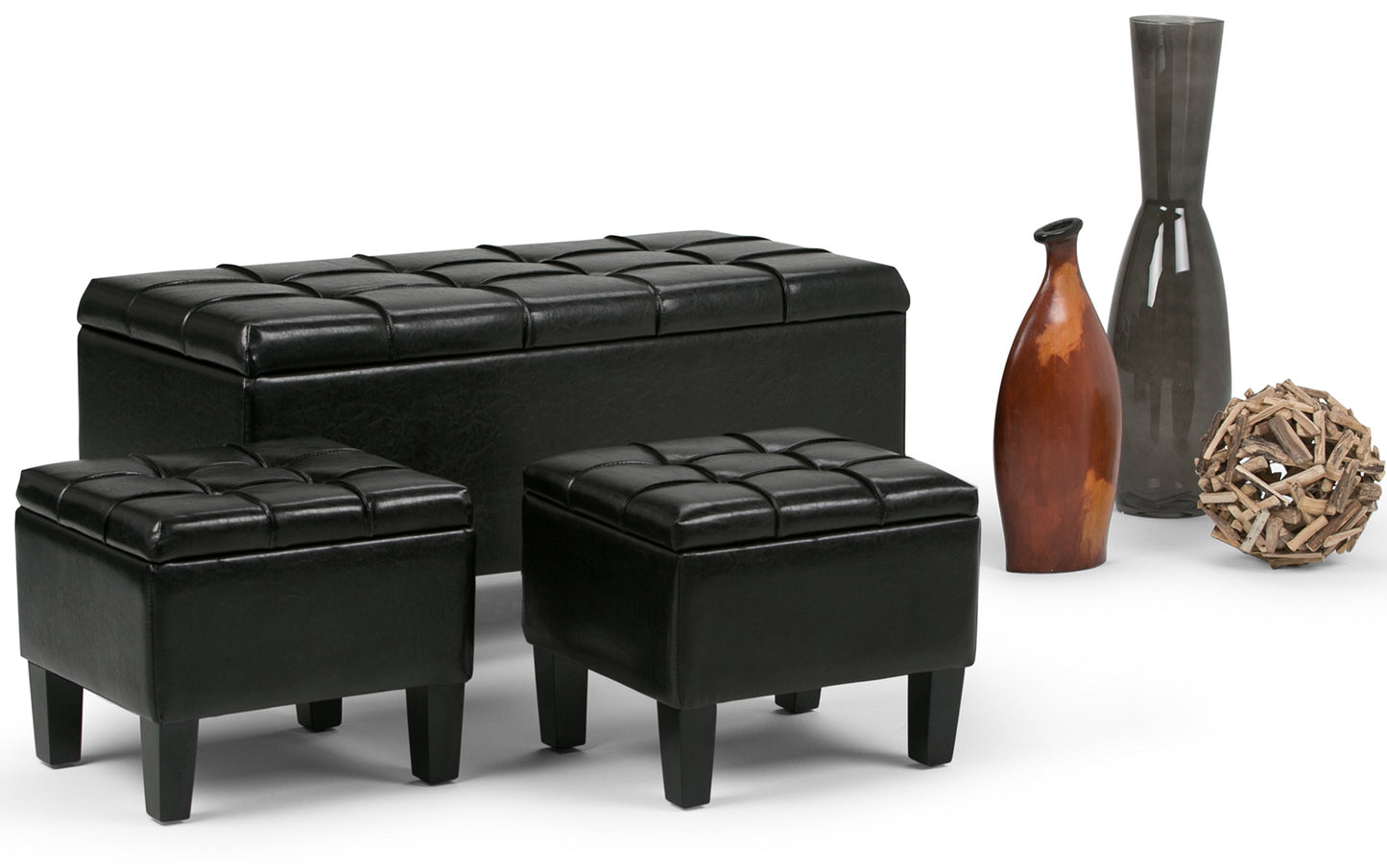 Midnight Black Vegan Leather | Dover 3 piece Vegan Leather Storage Ottoman