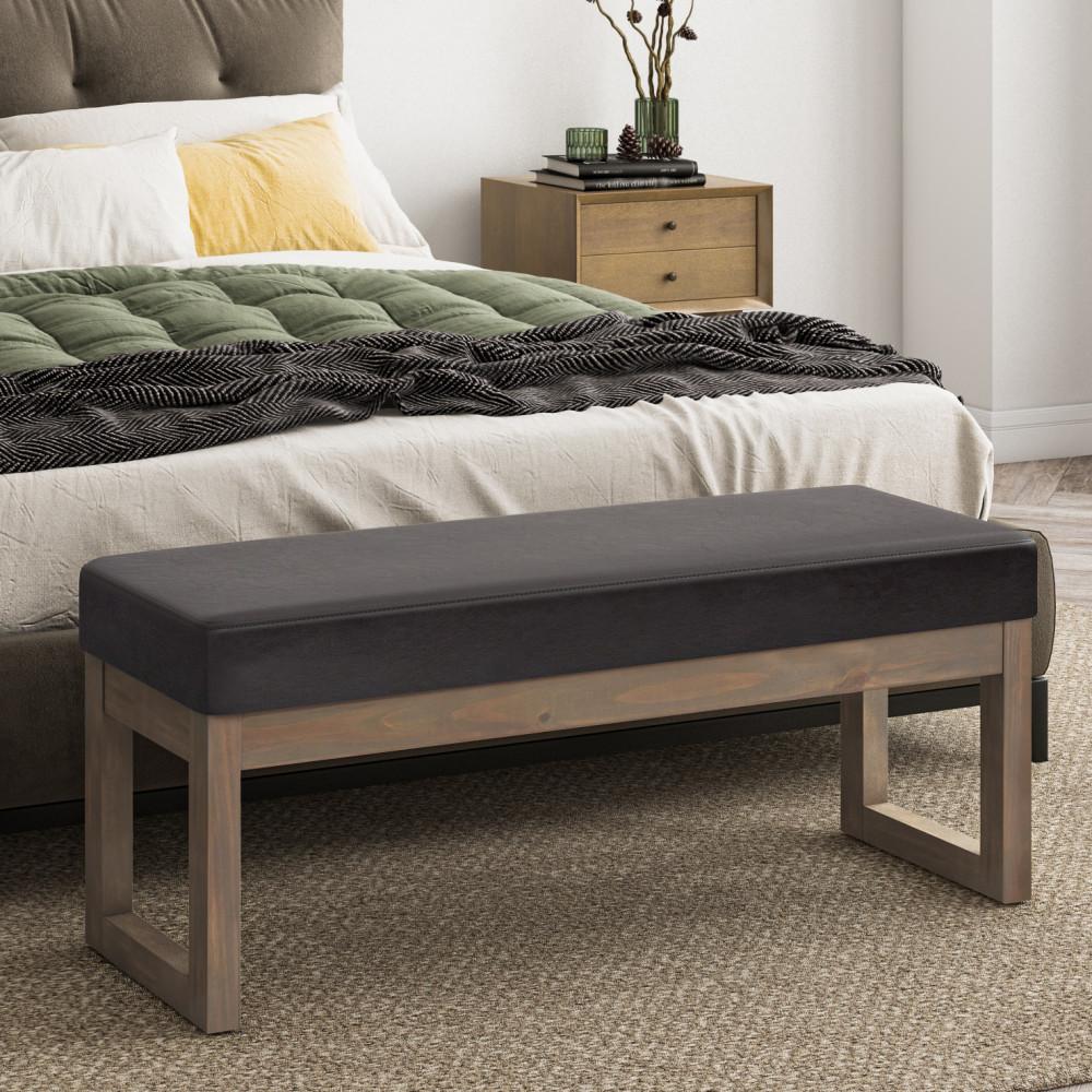 Tanners Brown Vegan Leather | Milltown 44 inch Large Ottoman Bench in Linen Style Fabric