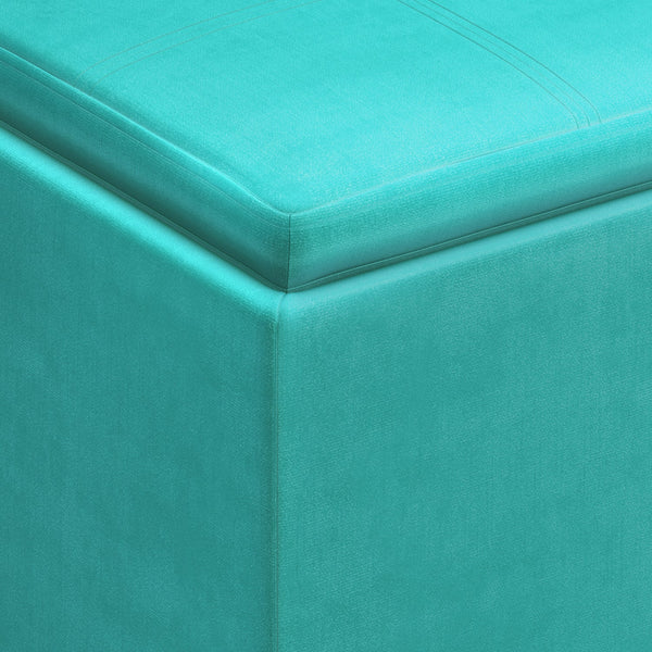 Aqua Blue Velvet Fabric | Rockwood Vegan Leather Cube Storage Ottoman with Tray