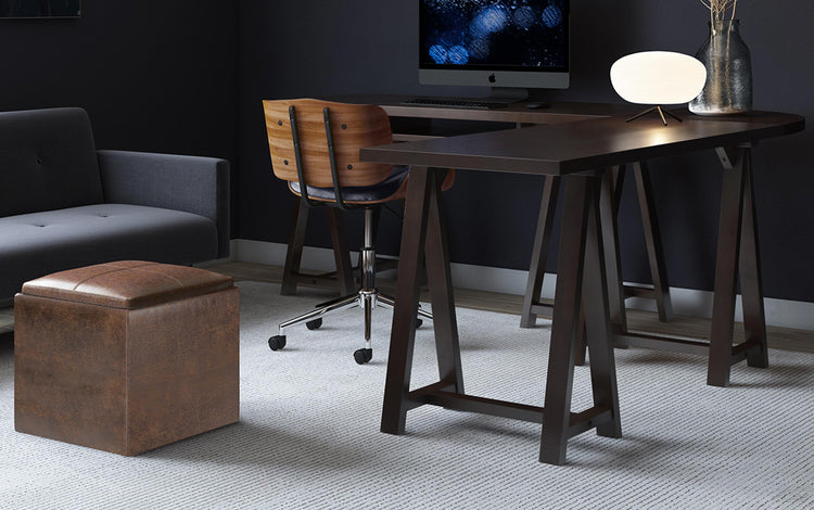 Distressed Chestnut Brown Distressed Vegan Leather | Rockwood Vegan Leather Cube Storage Ottoman with Tray