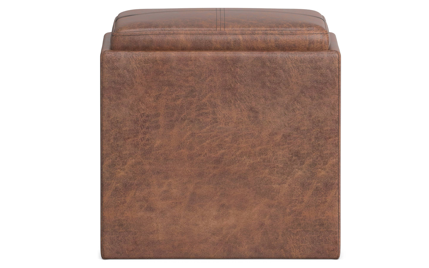 Distressed Saddle Brown Distressed Vegan Leather | Rockwood Vegan Leather Cube Storage Ottoman with Tray