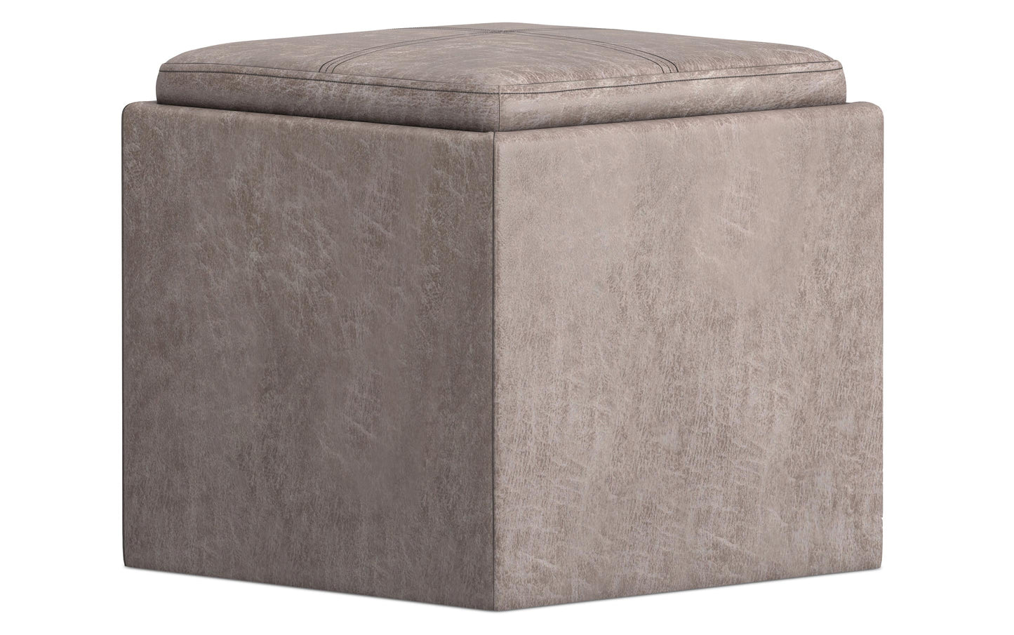 Distressed Grey Taupe Distressed Vegan Leather | Rockwood Vegan Leather Cube Storage Ottoman with Tray