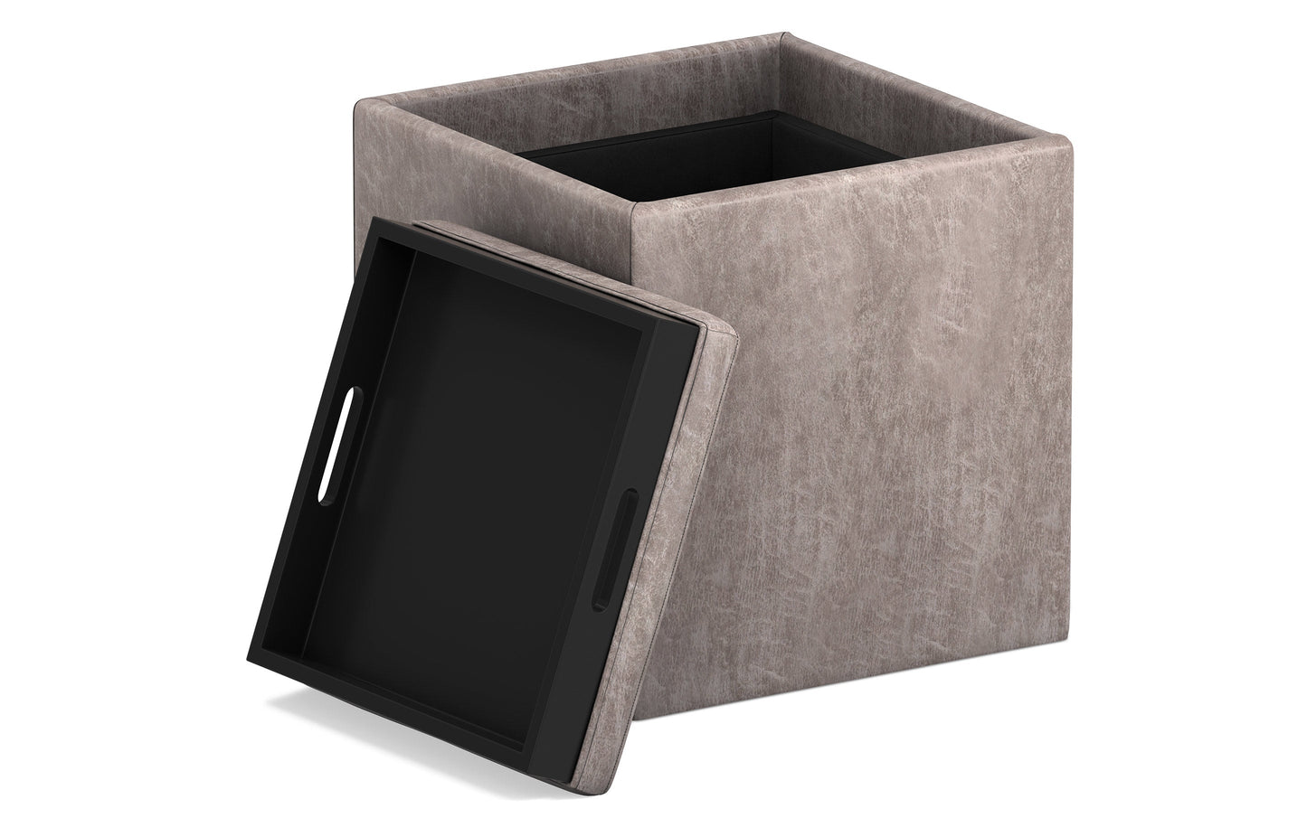 Distressed Grey Taupe Distressed Vegan Leather | Rockwood Vegan Leather Cube Storage Ottoman with Tray