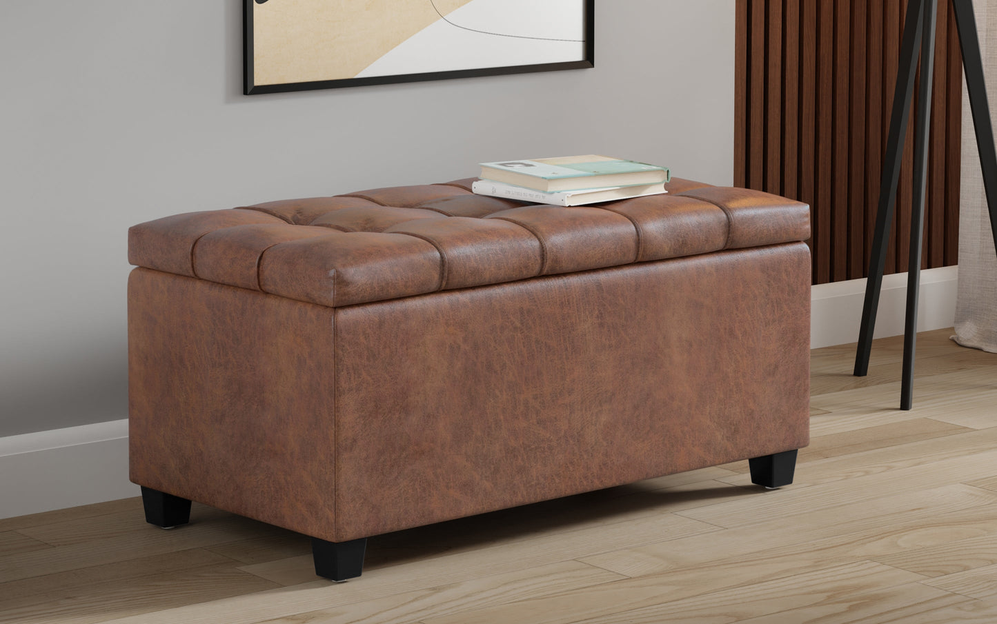 Distressed Saddle Brown Distressed Vegan Leather | Sienna Storage Ottoman Bench