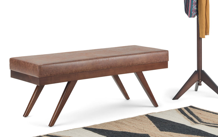 Distressed Umber Brown Distressed Vegan Leather | Chanelle Mid Century Ottoman Bench